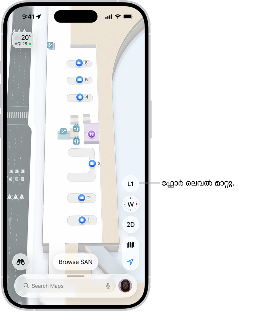 ഒരു വിമാനത്താവള ടെർമിനലിന്റെ ഇൻഡോർ മാപ്പ്. ഇമിഗ്രേഷൻ ചെക്ക്പോയിന്റ്, പടികൾ, വിശ്രമമുറികൾ, പ്രഥമശുശ്രൂഷ എന്നിവ ഇതിൽ ഉൾപ്പെടുന്നു. L1 (ലെവൽ 1-ന്) എന്ന് അടയാളപ്പെടുത്തിയിരിക്കുന്ന ബട്ടൺ ഉപയോഗിച്ച് നിങ്ങൾക്ക് മൾട്ടിസ്റ്റോറി മാപ്പുകളുടെ ലെവലുകൾ മാറ്റാനാകും.