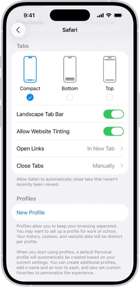 Skrin menunjukkan tiga pilihan tataletak Safari: Padat, Bawah dan Atas.