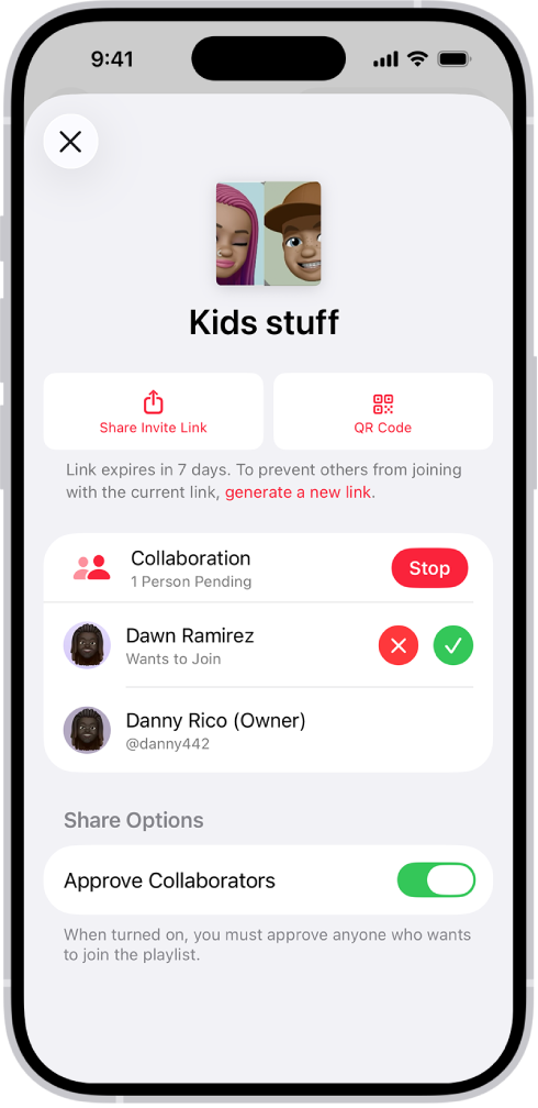 Skrin Urus Kerjasama dalam app Muzik.