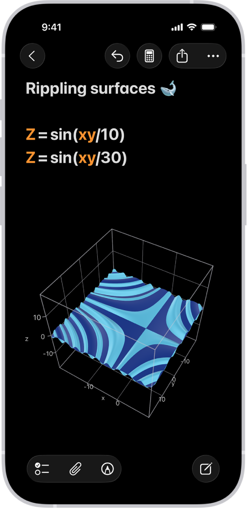 Nota Matematik dalam Kalkulator pada iPhone menunjukkan dua persamaan tiga pemboleh ubah dan graf 3D yang sepadan digabungkan dalam ruang yang sama.