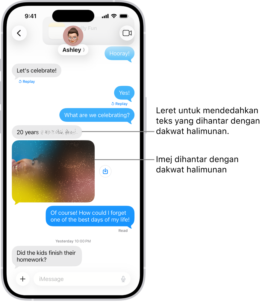 Perbualan dalam Mesej termasuk mesej teks dan foto yang dihantar dengan kesan Dakwat Halimunan.