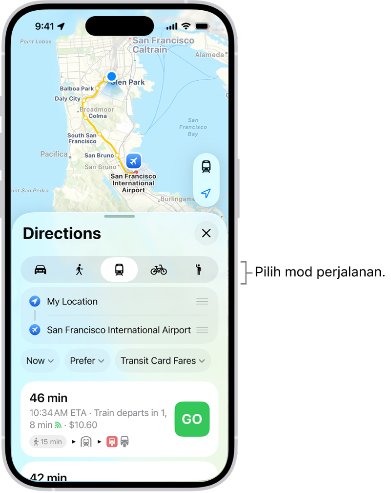 Peta menunjukkan beberapa laluan memandu antara dua lokasi, dengan butang untuk memilih mod perjalanan lain, menukar titik permulaan dan destinasi serta melihat arah sebagai langkah.
