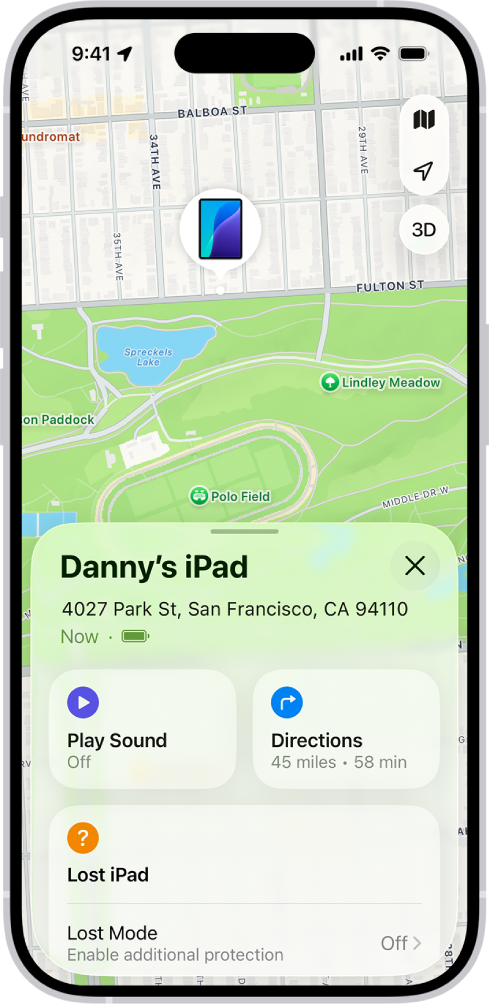ဖန်သားပြင်၏ထိပ်ဆုံးရှိ မြေပုံတစ်ခုပေါ်တွင် iPad တစ်ခု၏ တည်နေရာကို ပြသနေသော Find My ဖန်သားပြင်။