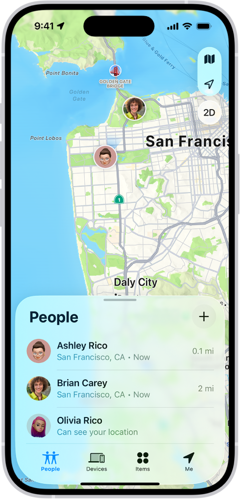 လူများစာရင်းနှင့် မြေပုံပေါ်ရှိ ၎င်းတို့၏တည်နေရာများကိုပြပေးသည့် Find My ဖန်သားပြင်။