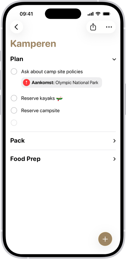 De Herinneringen-app met een lijst waarvan één gedeelte is uitgevouwen en de andere gedeelten zijn samengevouwen.