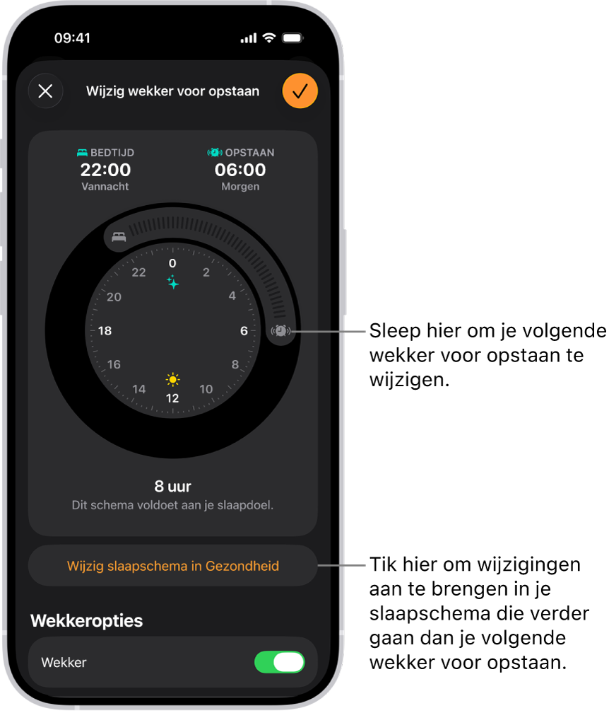 Een scherm om de volgende wekker voor opstaan te wijzigen. De positie van de knop met de rinkelende wekker bepaalt het tijdstip waarop de wekker afgaat.