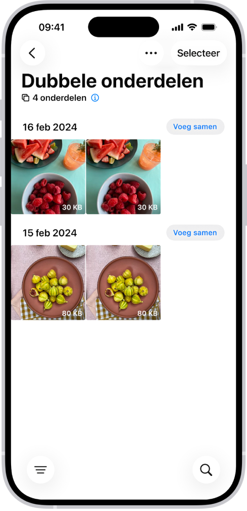 Het venster 'Dubbele onderdelen', met daarin de dubbele foto's naast elkaar. Rechts in het scherm staat naast elk paar dubbele foto's een knop 'Voeg samen' om ze samen te voegen.