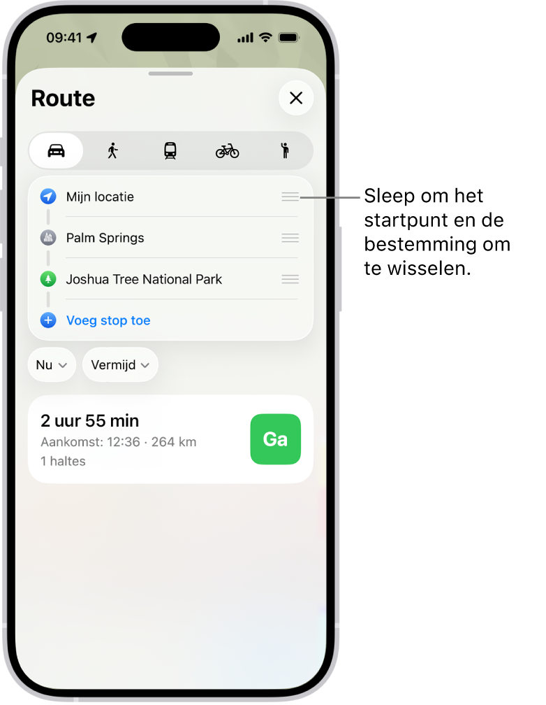 Een kaart met diverse mogelijke routes voor een routebeschrijving tussen 'Mijn locatie' en een bestemming.