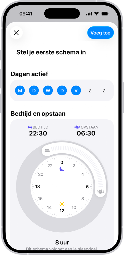 Het scherm 'Stel je eerste schema in' in Gezondheid, met een gedeelte 'Dagen actief' en een klok voor Bedtijd en Opstaan.