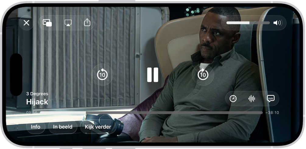 Een tv-programma wordt afgespeeld en de regelaars zijn te zien. Linksbovenin staan de knoppen 'Sluit', 'Beeld in beeld', 'AirPlay' en 'Deel'. Rechtsbovenin staat de volumeschuifknop. In het midden staan de knoppen om 10 seconden terug te spoelen, te pauzeren en 10 seconden vooruit te spoelen. In het midden onderin staat een schuifknop waarmee je de videopositie kunt aanpassen. Aan de ene kant van de schuifknop staat de verstreken tijd en aan de andere kant de resterende tijd. Rechtsonderin staan de knoppen 'Info', 'In beeld' en 'Kijk verder'.