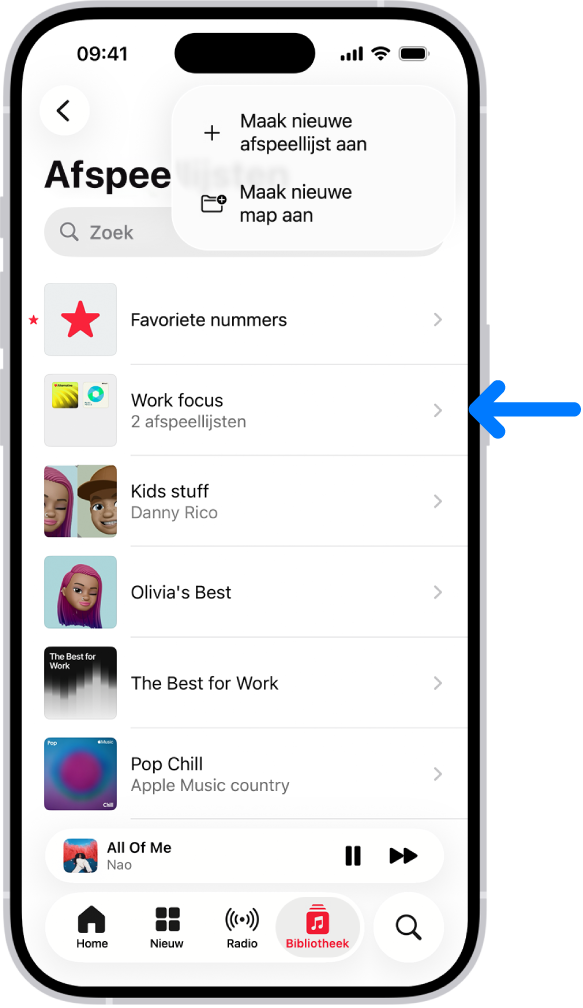 Het tabblad 'Bibliotheek' met de lijst met afspeellijsten. Bovenaan staan knoppen voor het aanmaken van een nieuwe afspeellijst of een nieuwe map. Een blauwe pijl wijst naar een afspeellijstenmap genaamd 'Work focus'.