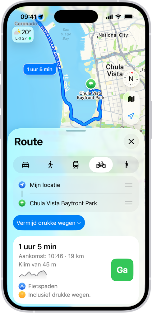 Een kaart met opties voor een fietsroute. Onder in de routekaart staan details, waaronder de geschatte reistijd, het hoogteverschil en het soort wegen. Rechts naast de details staat een 'Start'-knop.