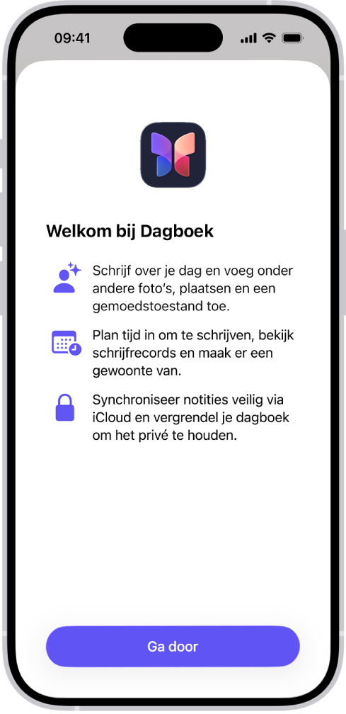 Het welkomstscherm van de Dagboek-app.