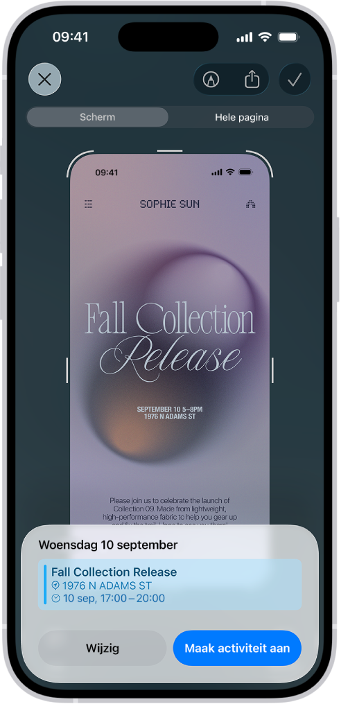 Een flyer van een evenement die in Visuele intelligentie is geopend. Onder in het scherm staat een agenda-activiteit, met knoppen om de activiteit te bewerken en aan te maken.