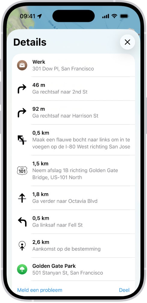 Een stapsgewijze routebeschrijving die als lijst wordt weergegeven.