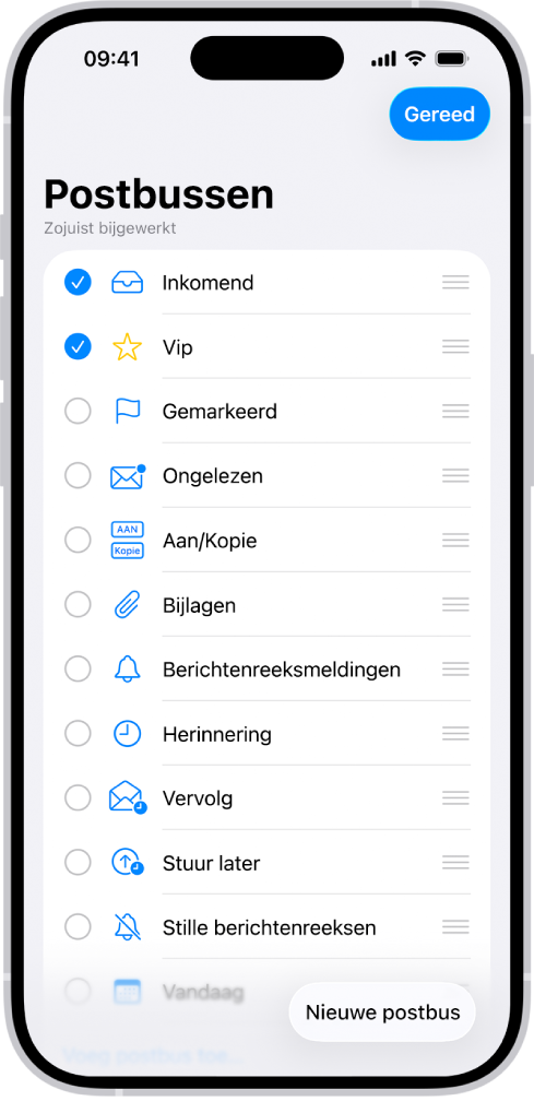 Het scherm om postbussen te wijzigen. Je ziet een lijst met optionele postbussen, met links van elke optie een aankruisvak. Rechtsonder in het scherm staat de knop 'Nieuwe postbus'.