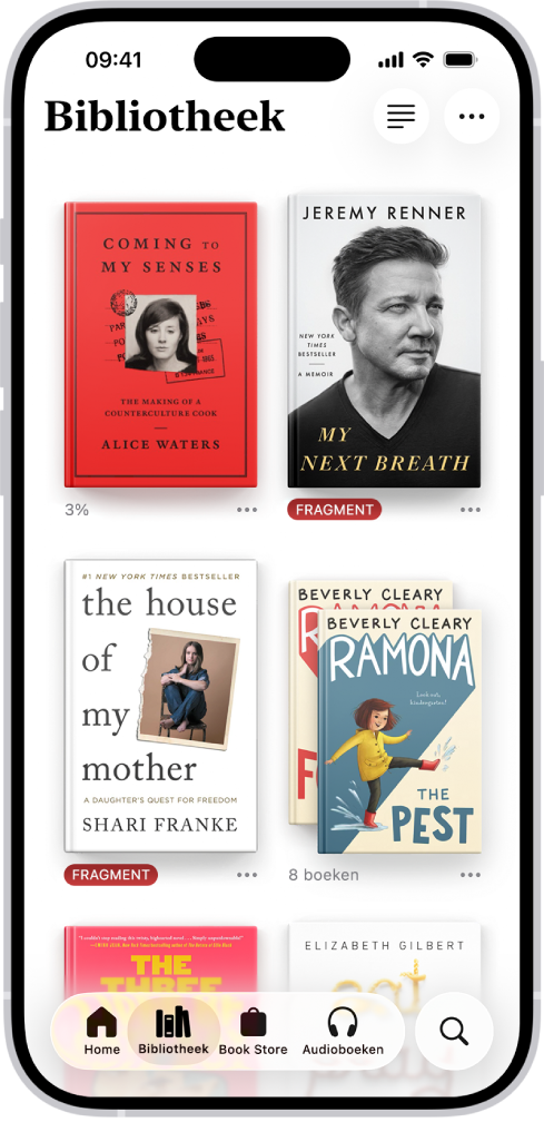 Het scherm 'Bibliotheek' in de Boeken-app. Boven in het scherm staat de knop 'Verzamelingen'. In het midden van het scherm staan boekomslagen. Onder in het scherm staan van links naar rechts de tabs 'Home', 'Bibliotheek', 'Book Store', 'Audioboeken' en 'Zoek'. De tab 'Bibliotheek' is geselecteerd.