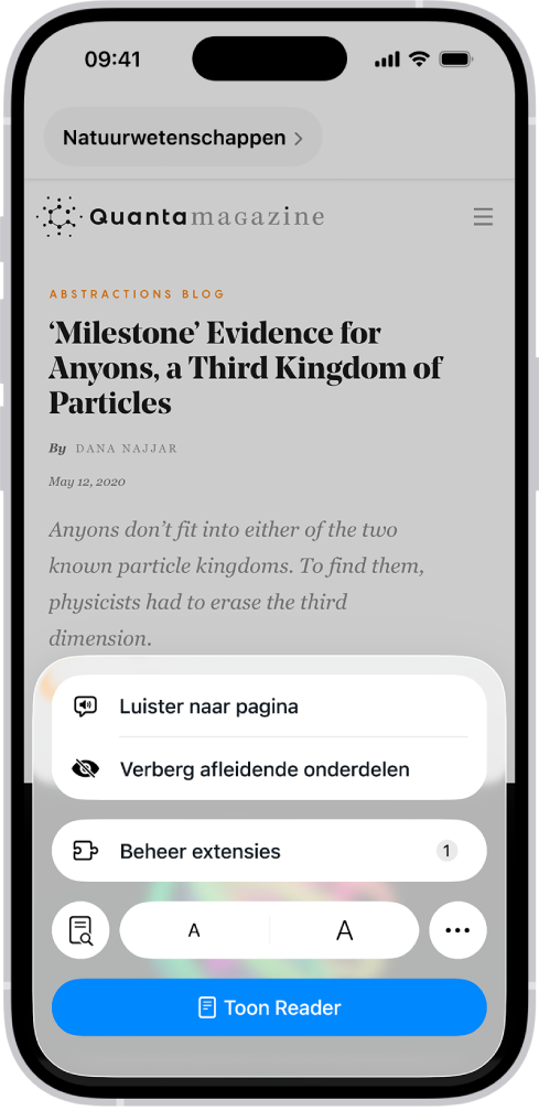 In Safari is op de paginamenuknop op een website getikt, waarna opties zijn verschenen, zoals 'Verberg afleidende onderdelen'.