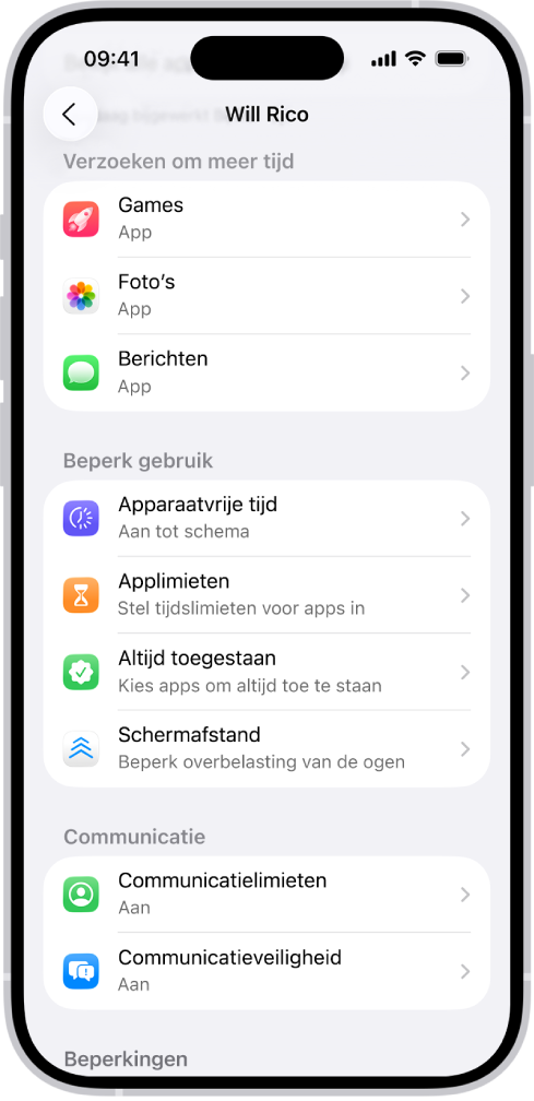 Het scherm voor een kind in een 'Delen met gezin'-groep, met een gedeelte 'Verzoeken om meer tijd'.