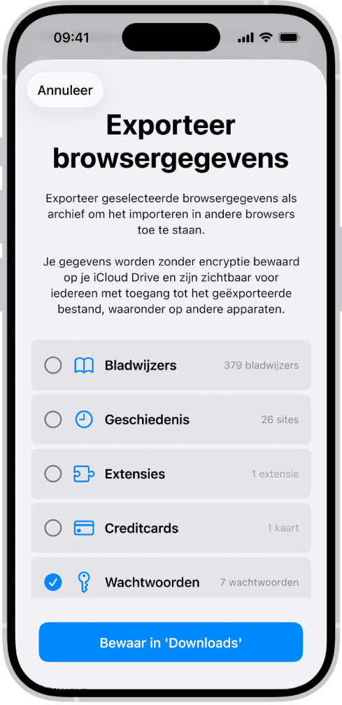 Het scherm voor het exporteren van browsergegevens, waarbij de optie 'Wachtwoorden' is geselecteerd, zodat de wachtwoorden kunnen worden geëxporteerd naar een andere wachtwoordbeheerder.