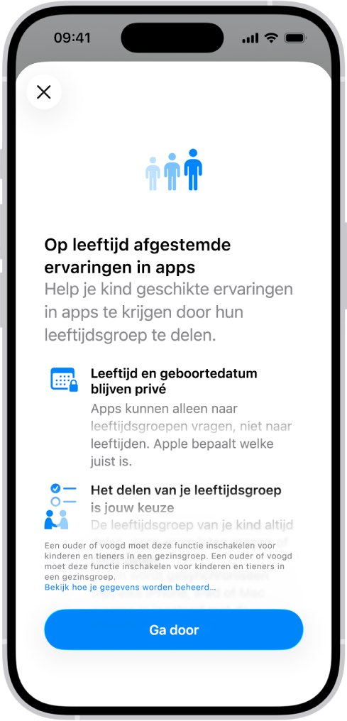 Het introductiescherm met functies voor 'Op leeftijd afgestemde ervaringen in apps'.