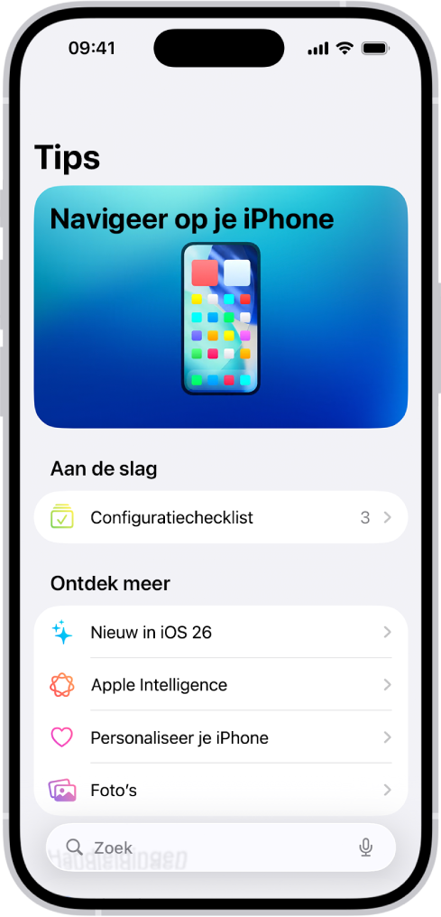Een scherm met een verzameling tips, met pijlen om aan te geven dat je op een verzameling kunt tikken om de tips daarin te bekijken.