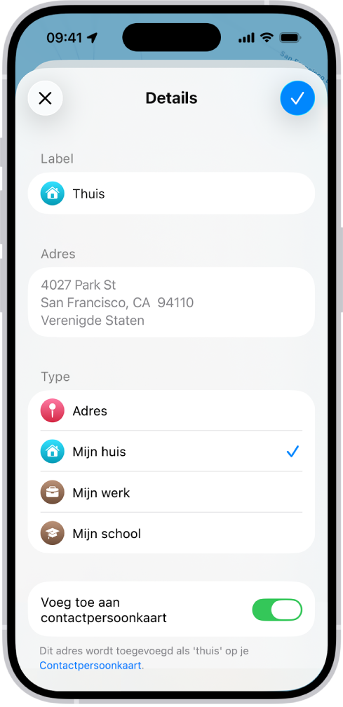De Kaarten-app met het detailscherm, met opties om een adres in te stellen, zoals een thuis-, werk- of schooladres.