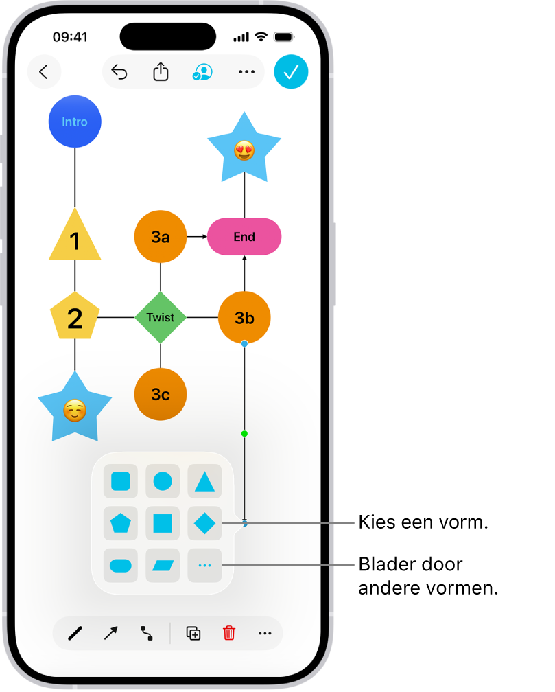 Een diagram op een Freeform-bord waaraan een nieuwe vorm is toegevoegd.