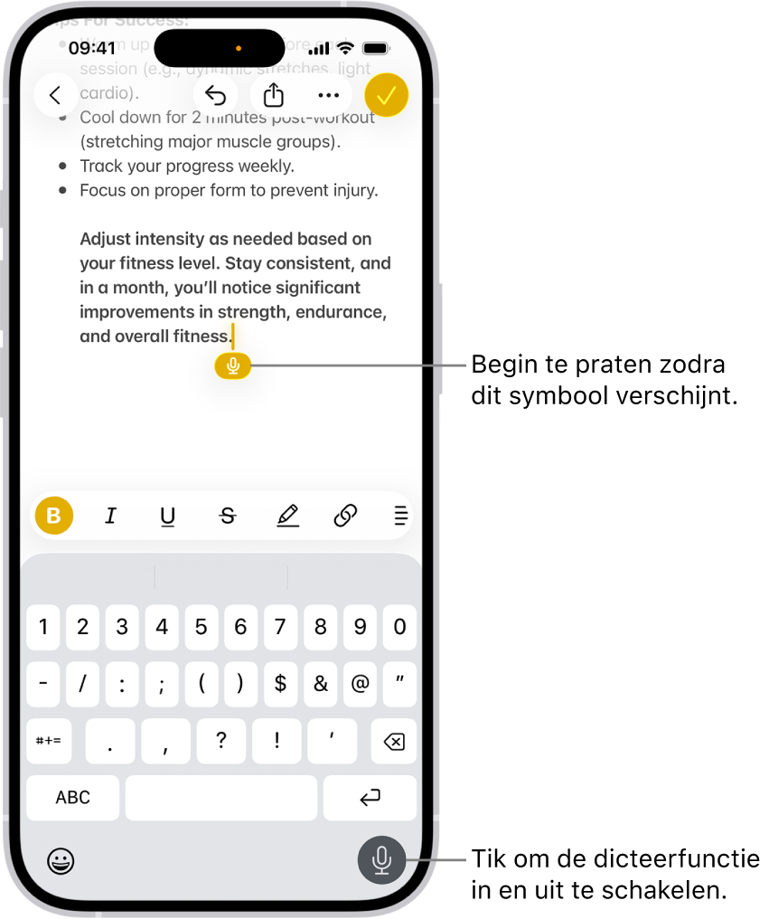 Het schermtoetsenbord is open in de Mail-app. De dicteerknop rechtsonder in het scherm is geselecteerd en staat onder het invoegpunt in het tekstveld.