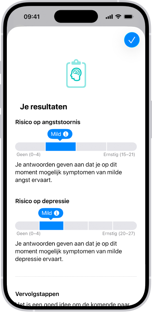 Een scherm in de Gezondheid-app met de resultaten van een vragenlijst over geestelijke gezondheid.
