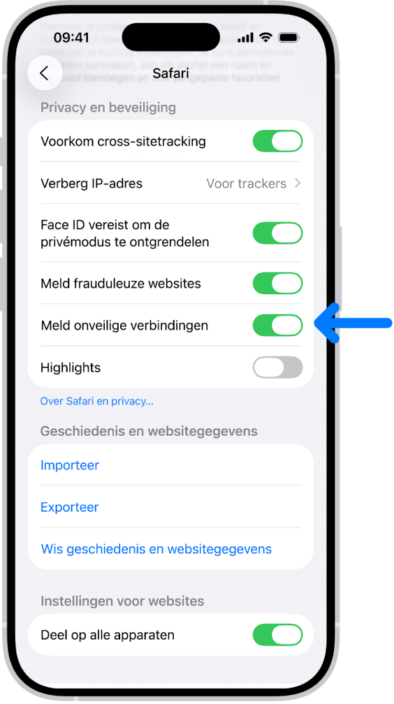De regelaar 'Waarschuwing voor onveilige verbinding' onder 'Privacy en beveiliging' in het Safari-scherm in Instellingen.