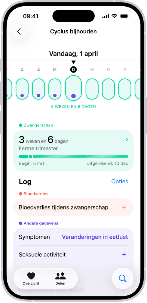 Het scherm 'Cyclus bijhouden', met boven in het scherm een zwangerschapstijdbalk van een week. Lichtgroene ovalen en paarse stippen markeren de eerste vijf dagen op de tijdbalk. De andere dagen op de tijdbalk zijn gemarkeerd met gearceerde lichtgroene ovalen. Onder de tijdbalk staat het zwangerschapsoverzicht met de zwangerschapsduur, begindatum en geschatte uitgerekende datum. Onder het zwangerschapsoverzicht zie je opties voor het toevoegen van gegevens over onder andere bloedverlies tijdens de zwangerschap en symptomen.