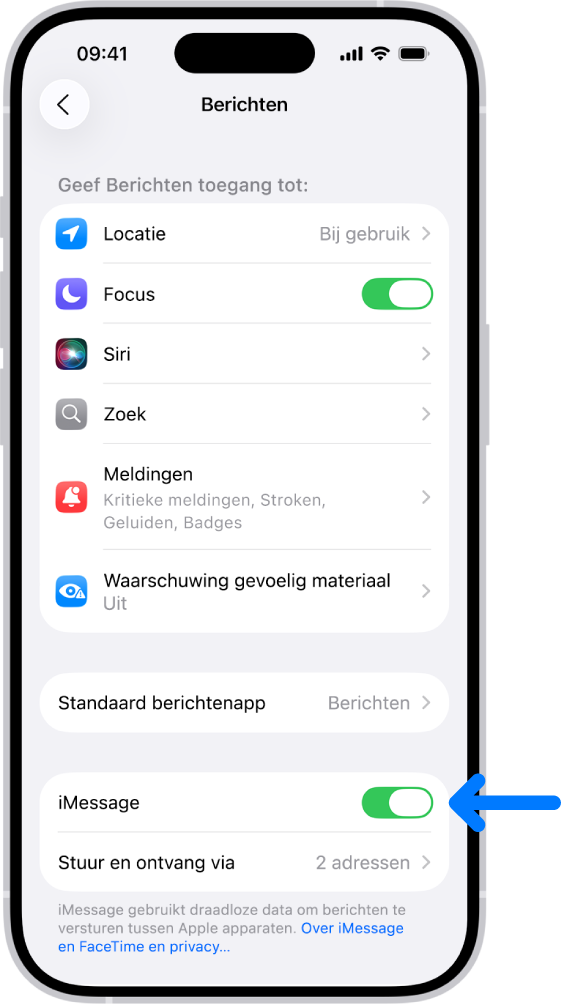 Het instellingenpaneel voor 'Berichten', met 'iMessage' ingeschakeld.