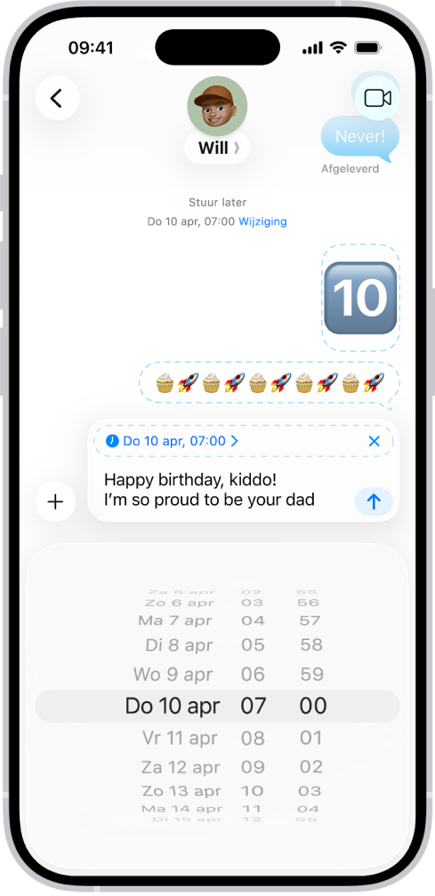 Een gesprek in Berichten, met berichten die zijn ingepland voor latere verzending.