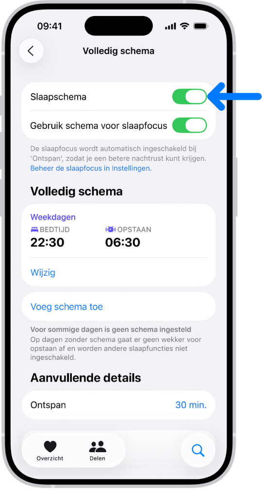 Het slaapscherm 'Volledig schema' in Gezondheid, met 'Slaapschema' bovenaan ingeschakeld.