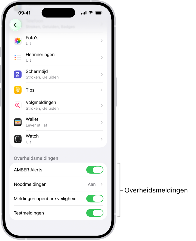 Het meldingenscherm met de overheidsmeldingen die je kunt inschakelen om overheidsmeldingen te ontvangen.