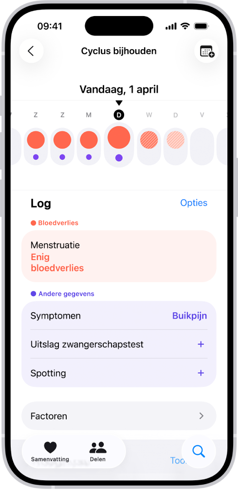 Het scherm 'Cyclus bijhouden', met boven in het scherm de tijdbalk van een week. Effen rode cirkels en paarse stippen markeren de eerste vijf dagen op de tijdbalk. Onder de tijdbalk zie je opties voor het toevoegen van gegevens over onder andere je menstruatie en symptomen.