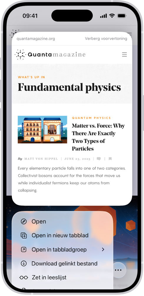 Een voorvertoning van een website, gevolgd door een lijst met mogelijke taken: 'Open', 'Open in nieuw tabblad', 'Open in tabbladgroep', 'Download gelinkt bestand' en 'Zet in leeslijst'.