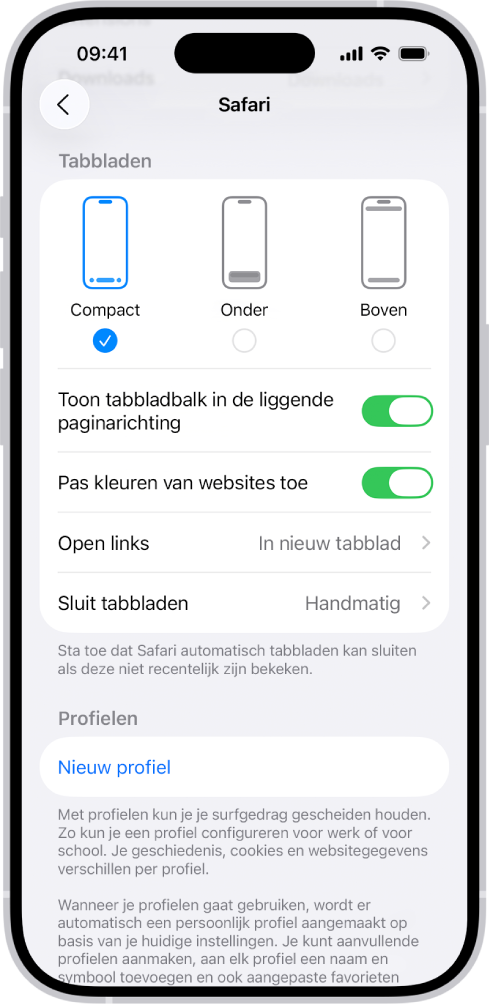 Een scherm met drie lay-outopties voor Safari: 'Compact', 'Onder' en 'Boven'.