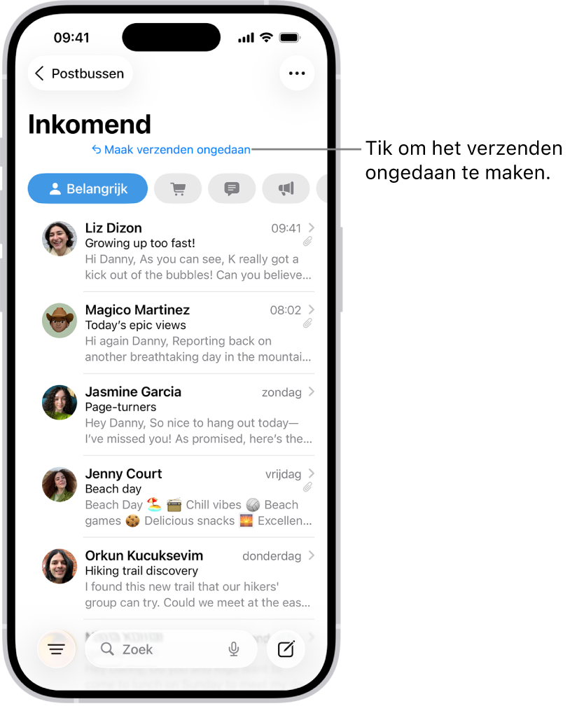 De postbus 'Inkomend' met een lijst met berichten. Onder in het scherm, in het midden, staat de knop 'Maak verzenden ongedaan' (om een zojuist verstuurd bericht terug te halen).