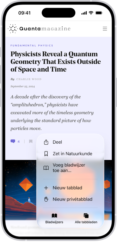 Het scherm 'Bladwijzers', met opties voor het weergeven van je bladwijzers, de leeslijst en je browsergeschiedenis.