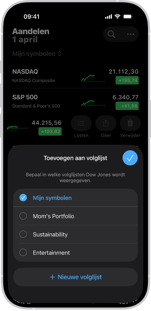 Een lijst met aangepaste volglijsten in de Aandelen-app: 'Mijn symbolen', 'Portefeuille van mam', 'Duurzaamheid' en 'Amusement'.
