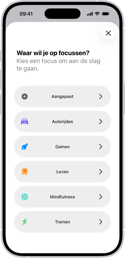 Het focusconfiguratiescherm voor de aanvullende kant-en-klare focusopties, waaronder 'Aangepast', 'Autorijden', 'Trainen', 'Gamen', 'Mindfulness' en 'Lezen'.