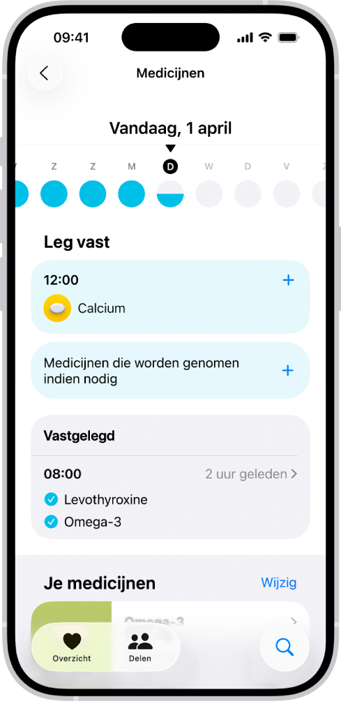 Het scherm 'Medicijnen' in Gezondheid, met de datum en een log voor medicijnen.