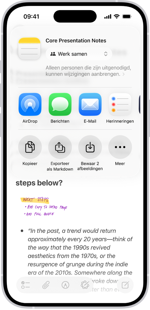 Een notitie met een overlay met deelopties.