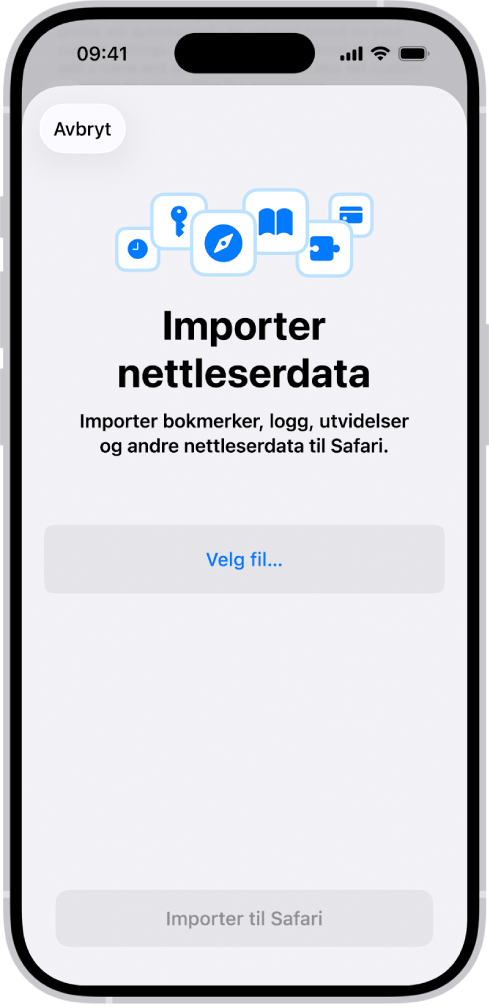 Importer nettleserdata-skjermen, som ber deg om å velge en fil å importere.