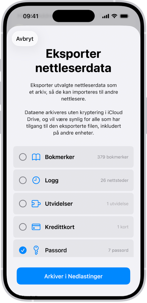 Eksporter nettleserdata-skjermen med Passord-valget markert for eksport til en annen passordhåndterer.