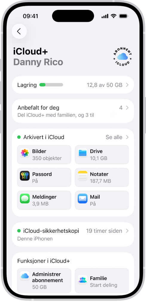 Skjermen for iCloud-innstillinger viser iCloud-lagringsmåleren og en liste med apper og funksjoner.