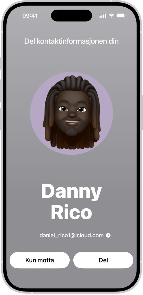 En NameDrop-skjerm som viser brukerens navn og nummer. Under dette vises knappene Kun motta og Del.