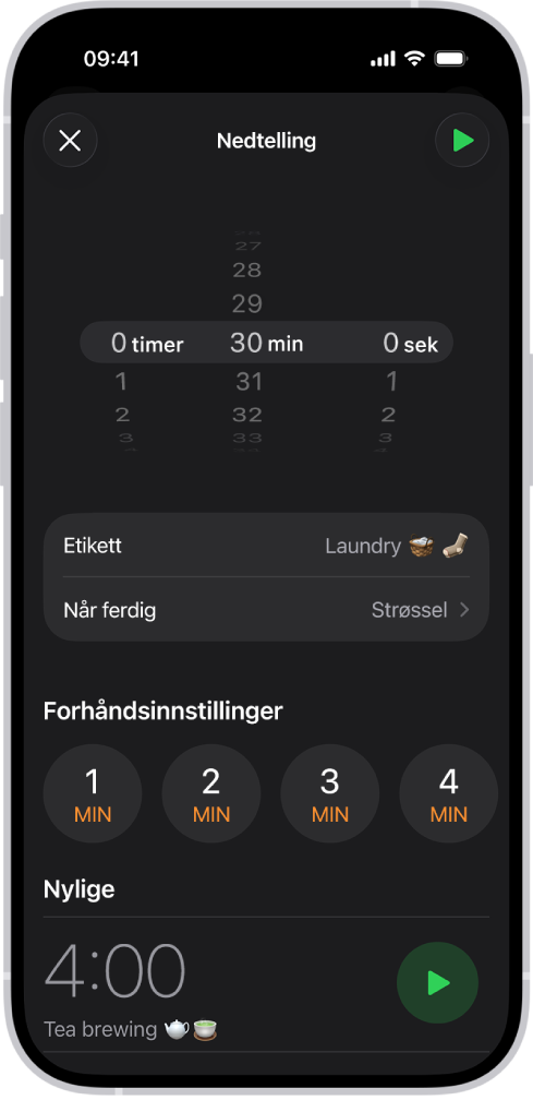 En skjerm for å legge til en nedtelling, med innstillinger for å angi en nedtelling og en knapp for å starte en nylig opprettet nedtelling.